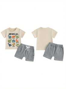 Summer Outfits Dinosaur Letter Print Round Neck Short Sleeve Tops With Solid Shorts Outfit - Beige - View 2