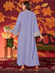 Đầm dài thêu hạt cườm phong cách Ả Rập thanh lịch dành cho nữ có cổ hình trái tim - Màu tím - Xem 2