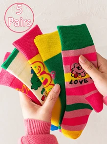 5 pares de calcetines finos para niños en primavera y otoño, calcetines tipo media caña de colores caramelo para niñas, calcetines con graffiti rosa, serie de dibujos animados lindos, regalos del Día del Niño, regalos de Halloween