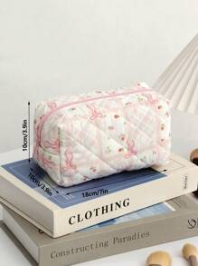 1 件带拉链的蝴蝶结图案化妆包旅行洗漱用品收纳袋洗漱包拉链化妆包大容量绗缝花卉洗漱包心形化妆刷收纳袋柔软蝴蝶结和玫瑰化妆品收纳袋通勤化妆包适用于圣诞节礼物、妈妈礼物、母亲节礼物、伴娘礼物，