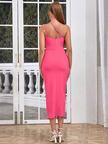 Sexy Spaghetti Strap Asymmetric V-Neck Ruffle Shoulder High Slit Dress For Women - Hot Pink - View 2