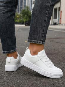 Couple's Casual Sneakers, Size 36-45, Women's Casual Shoes, Men's Athletic Shoes, Lace-Up Soft Sole Flat Comfortable Men's Shoes, Lightweight Low-Top Daily Wear - White - View 4