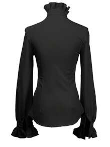 Women Vintage Victorian Button Down Shirts Stand Collar Frilly Ruffle Gothic Punk Blouses Retro Flared Sleeve Tops - màu đen - Xem 5