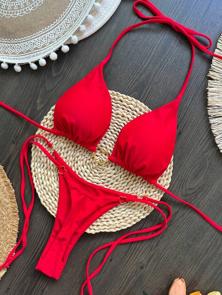 2025 New Women Sexy Solid Color Bikini Set - Red - View 1