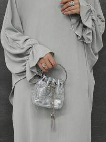 休闲编织纹理圆领套头衫，荷叶边喇叭袖宽松长裙