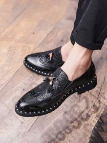 Pointed Toe Slip-On Leather Shoes, Korean British Style Fashion Casual Business Dress Loafers, Tassels Breathable Oxfords, Low-Top Designer Dress Shoes - Black - View 1