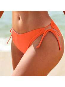 Women's Low Waist Bikini Bottoms Swim Shorts Solid Colour Side Tie Bathing Suit Bottoms For Holiday Seaside Beachwear Swimwear - Orange - View 3