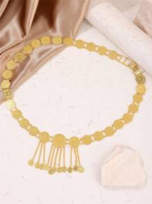 1pc Gold Tone Coin Shaped Alloy Bride Waist Chain, Exquisite Tassel Design, Saudi Arabian Style Fashion Waist Belt For Wedding, Party, Holiday