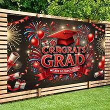 1 Graduation Celebration Background Banner - Vibrant Polyester Fiber Party Decoration With "Congratulations To Graduates" Design, Fireworks And Graduation Hat, Suitable For Indoor/Outdoor Use, Studio Props And Photo Booth, Graduation Party Decoration - Multicolor - View 4