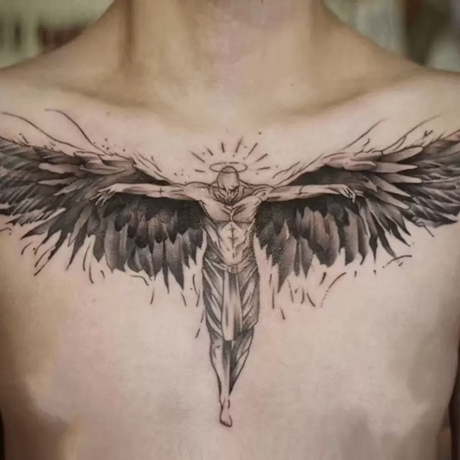 Fallen Angel Herbal Tattoo Sticker For Chest Area, Realistic And Long-Lasting Temporary Tattoo, Gradually Appears - Lasts 7-15 Days - Waterproof And Rub-Resistant - Black - View 1