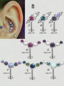 1PC Stainless Steel Internal Thread Labret Lip Ring Synthetic Opal&Rhinestones Cluster Curved Ear Cartilage Tragus Helix Daith Piercing Jewelry Unisex - Silver - View 7