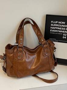 1 件复古大容量手提包，复古 PU 单肩斜挎包，女士休闲手提包和钱包 - 棕色 - 查看 6