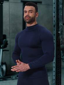 Wysoka elastyczność, szybkoschnący, kompresyjny golf z długim rękawem, obcisły top fitness, męski sportowy, szybkoschnący, oddychający, termiczny podkoszulek do biegania, ćwiczeń, ochrony przed słońcem - Królewski Niebieski - Zobacz 3