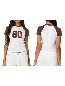 Women's Summer Tops Striped Raglan Sleeve Round Neck Letter Print T-Shirts Street Blouses - Brown - View 2