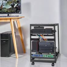 V9U-20U Open Frame Server Cabinet, Wall-Mountable With 2 Cooling Shelves & 4 360° Casters, Depth Adjustable 23''-40''  Adjustable Depth For Networking AV Gear & Mounting Hardware Audio,Black - 15U, 23''-40'' Black Casters - View 9