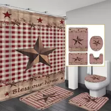 4pcs Red Star Grid Shower Curtain Gift Modern Home Bathroom Decoration Curtain And Toilet Floor Mat 3-Piece Set With 12 Shower Curtain Hooks Bathroom Accessories Back To School Fall Decor
