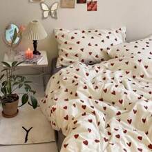 3pcs Bedding Set: White With Red Heart Patterned Comforter Cover, Microfiber Red & White Heart Themed Bed Sheet And Pillowcase Set