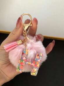 Letter Initial Keychain, Cute Fluffy Ball Keyring, Can Be Hung On Bags, Backpacks, Cars, Ideal Gift For Women And Girls, Also A Wallet And Handbag Accessory. This Tassel Keychain Includes Letters A-Z, Suitable For Commuting Wear. - Pink - View 18
