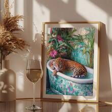 1pc Leopard In Bathtub Wall Art Picture Tropical Jungle Bathroom Canvas Prints Paintings Playful Animal Poster Bold Maximalist Decor For Bedroom,Living Room,Dorm Wall Decor No Framed