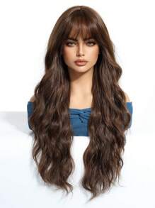 1顶合成耐热卷发假发，棕色，26英寸长，纤维材质，适合日常佩戴，自然逼真