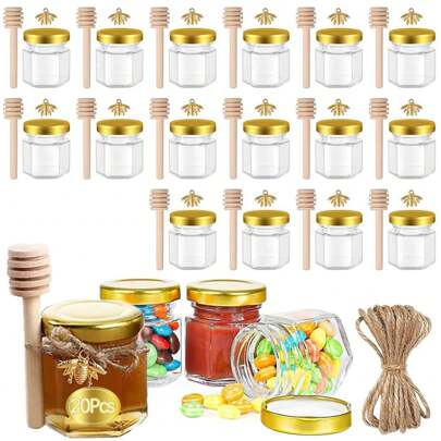 Mini Tarros de Miel de Vidrio de 1,5 oz, Paquete de 20 Tarros Hexagonales de Vidrio con Tapa para Miel, Especias, Mermelada, Frascos Vidrio para Velas, Ideal Tarros de Miel para Recuerditos de Boda