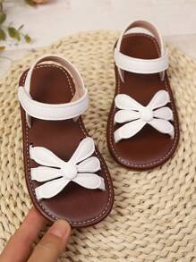 1 Pair Girls Striped PU Hook And Loop Strap Design Flat Cute Sandals, Suitable For Summer