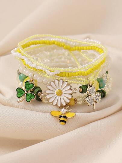 7件套波西米亚风雏菊、蜜蜂、四叶草吊坠串珠手链叠戴套装，适合女性日常、度假及休闲佩戴