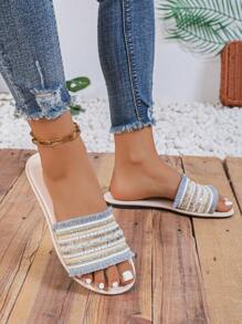 1 双加大码彩色面料拼接串珠波西米亚风格平底凉鞋，适合少女和女孩，圆头，防滑，舒适，适合室内/室外、日常穿着、度假、夏季 - 藍白色 - 查看 4