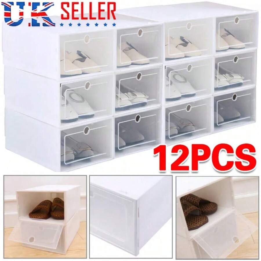 Youyijia 12x White Plastic Shoe Storage Boxes Drawer Stackable Foldable Durable Organiser