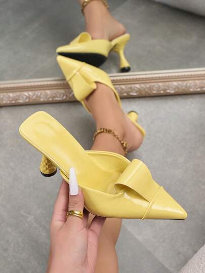 2025 Spring & Summer New Fashion Pointed Toe High Heel Sandals, Bowknot Mules For Women