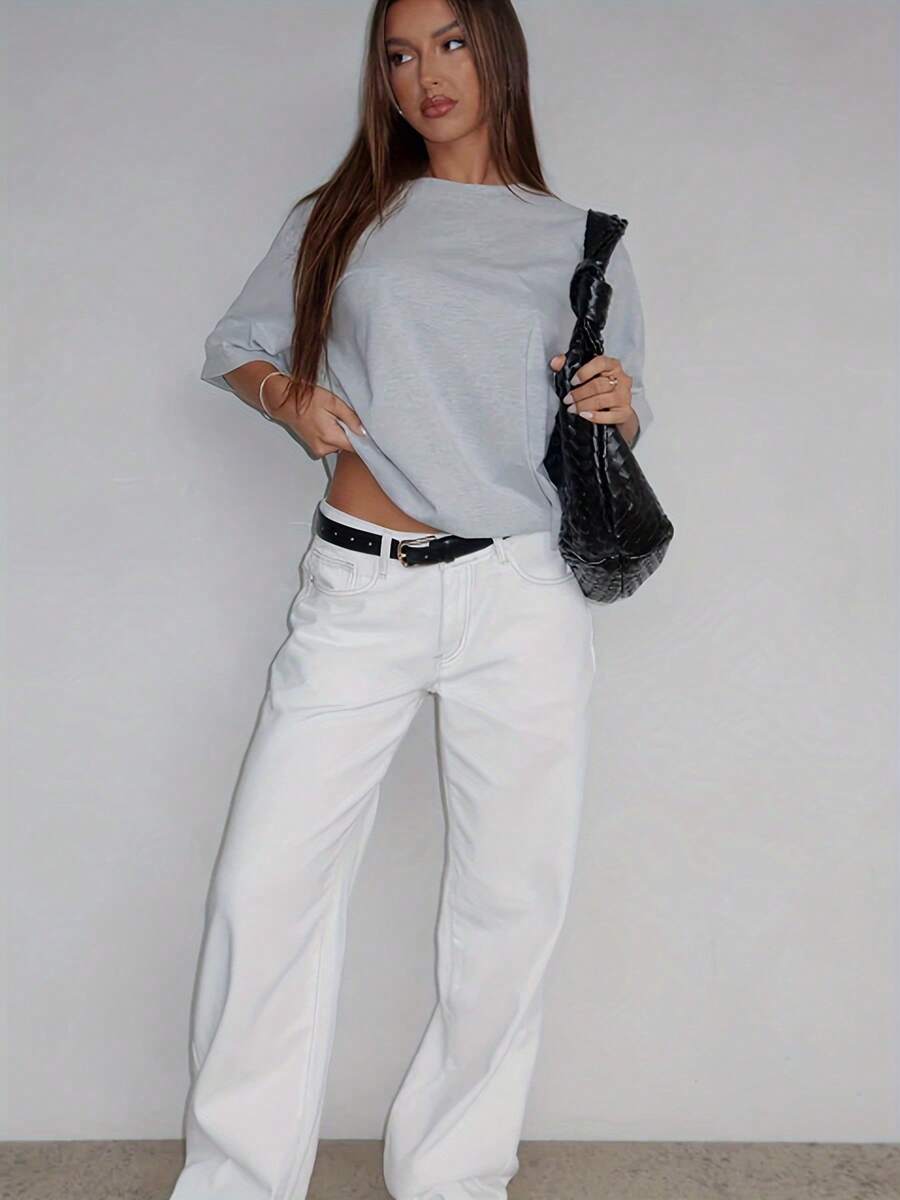 Womens Low Rise Washed Jeans Wide Leg Loose Denim Pants With Pockets - 白色 - 查看 1