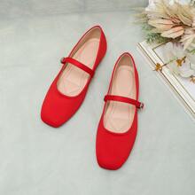 Women's French Style Mary Jane Flats, Square Toe Casual Spring Loafers, Red Color - Chinese Red - View 3