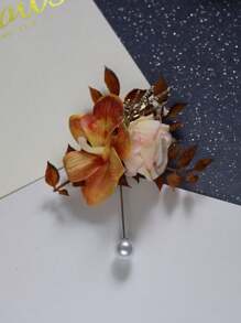 1pc Champagne Colored Groom Wedding Boutonniere, European Style Flower Brooch Decor For Wedding, Banquet, Business Meeting