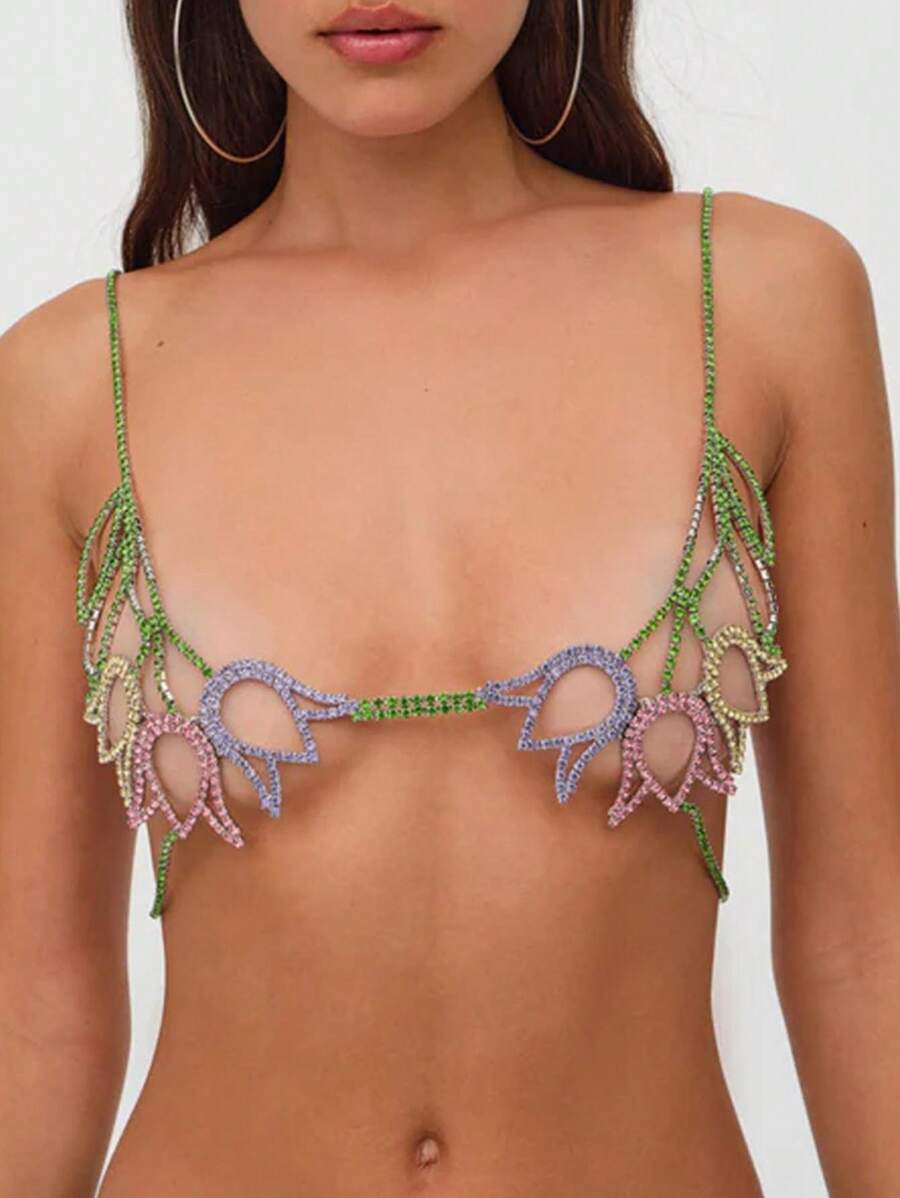 STONEFANS 1 件彩色玫瑰花朵胸罩链，性感身体链项链，带水晶石，适合夜总会