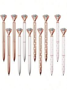 12 支装钻石笔大号水晶钻石圆珠笔闪亮金属圆珠笔办公室学校银色/白玫瑰圆点/玫瑰金/玫瑰金带白圆点，12 支笔芯返校 - 12 Pack - 查看 1