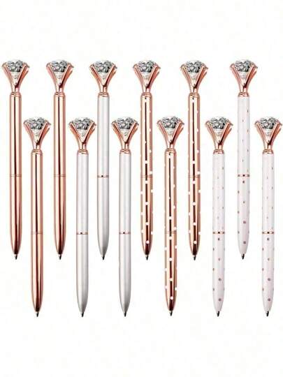 12PCS Diamond Pens Large Crystal Diamond Ballpoint Pen Bling Metal Ballpoint Pen Office School Silver/White Rose Polka Dot/Rose Gold/Rose Gold With White Polka Dots,12Pen Refills Back To School