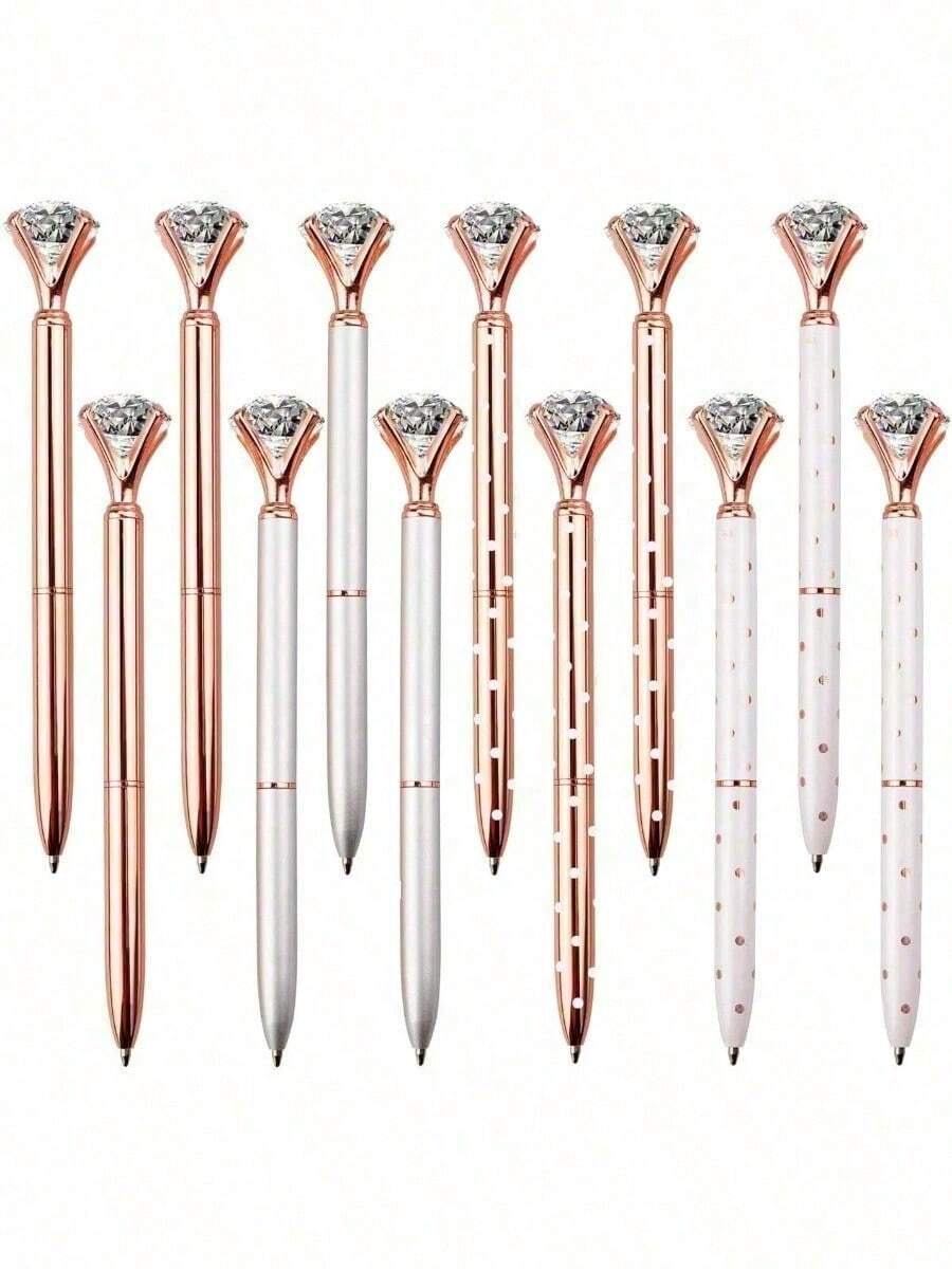 12 支装钻石笔大号水晶钻石圆珠笔闪亮金属圆珠笔办公室学校银色/白玫瑰圆点/玫瑰金/玫瑰金带白圆点，12 支笔芯返校 - 12 Pack - 查看 1