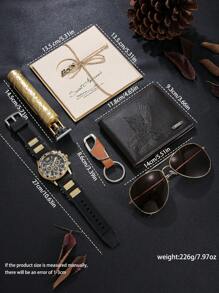 7 件男士时尚经典手表、鹰钱包、剪刀、眼镜、钥匙扣、情绪 LED 灯、带盒卡片礼品套装，完美的生日、父亲节礼物，日常配饰 - 金色 - 查看 4