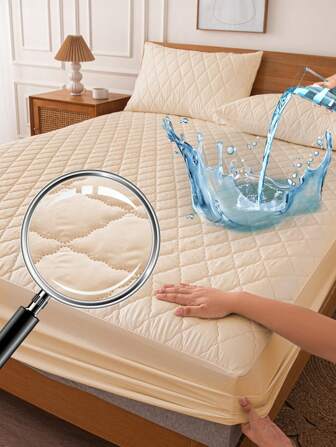 1 pieza Sábana ajustable impermeable, ropa de cama, sábana ajustable, protector de colchón, funda de cama, ropa de cama suave y cómoda para el dormitorio, protector de colchón de unicolor, ropa de cama para el dormitorio, sábana ajustable acolchada transpirable y fresca con bolsillo profundo, sábana ajustable para cama individual, full, king y queen, protección contra el polvo, sin incluir almohada ni funda, lavable a máquina, ropa de cama del Día de la Independencia, regalos de ropa de cama, lavable a máquina