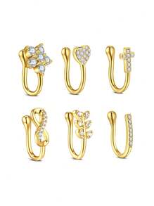 AVYRING 6pcs Silvery Zirconia Star Moon No Piercing Clip On Nose Ring Nose Cuff Fake Piercing Septum Nariz Body Jewelry