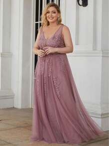 EVERPRETTY Plus Size Embroidery Maxi Long Ethereal Tulle, Bridesmaid Dress - Dusty Pink - View 1