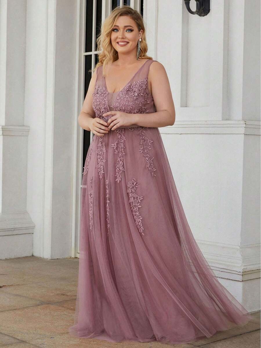 EVERPRETTY Plus Size Embroidery Maxi Long Ethereal Tulle, Bridesmaid Dress - Dusty Pink - View 1