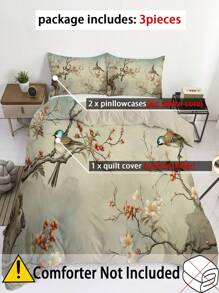 3 件套复古花卉和鸟类印花被套套装 - 包括 1 个被套和 2 个枕套，透气涤纶，可机洗 - 适合所有季节