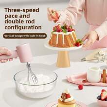 Portable 3-Speed Mixer Electric Hand Mixer With Stainless Steel Whisk Attachment, Compact And Lightweight, Powerful Mixer For Baking And Cooking, Pink - Pink - View 2