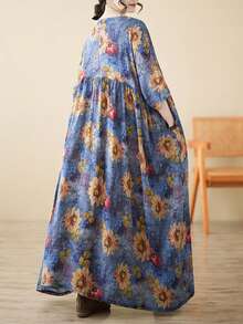 2026春节母亲节优雅日常连体裤、上衣、睡衣内搭、波西米亚休闲度假连衣裙、夏季新款圆领短袖连衣裙、女士大码度假装、沙滩装 - 藍色 - 查看 6