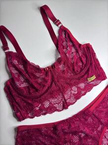 Plus Size Lingerie Set Lace Elegance Comfort Non-Padded Bra - Đỏ - Xem 5