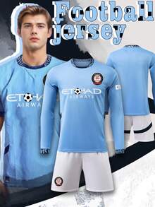 2024-2025 Manchester City Style Men's Football Set - Long Sleeve Jersey And Shorts Set, Home Design Style - Baby Blue - View 1