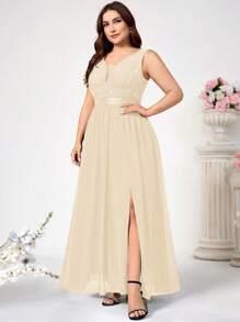 Plus Deep V Neck Sequin Floral Lace Chiffon Sleeveless Formal Party Maxi Dress