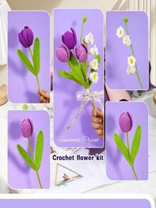 1 Conjunto Kit de Crochê de Buquê de Flores para Iniciantes, DIY Tricô de Lã, Material do Buquê de Rosas, Tulipas, Girassóis com Acessórios Básicos e Tutoriais, Presente Ideal para Férias