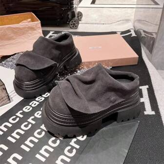 Zapatos tipo mule con plataforma de suela gruesa y acabado con volantes para mujer, zapatos de plataforma sólidos, casuales y cómodos